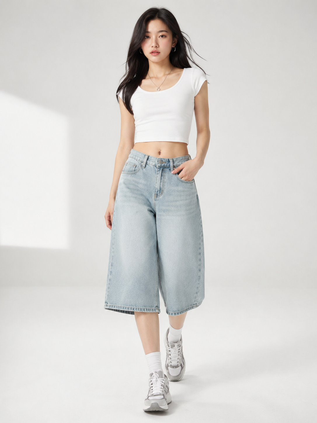 Avery High-Waist Wide-Leg Denim Capri Pants