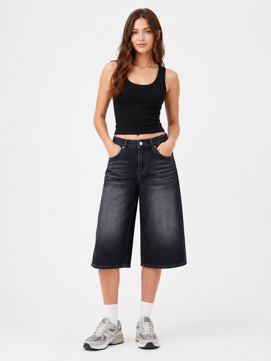 Avery High-Waist Wide-Leg Denim Capri Pants