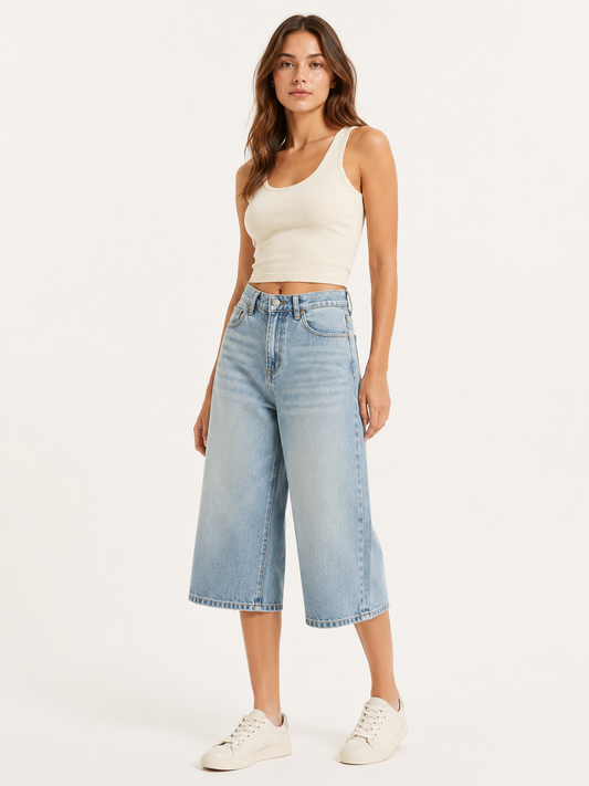 Avery High-Waist Wide-Leg Denim Capri Pants