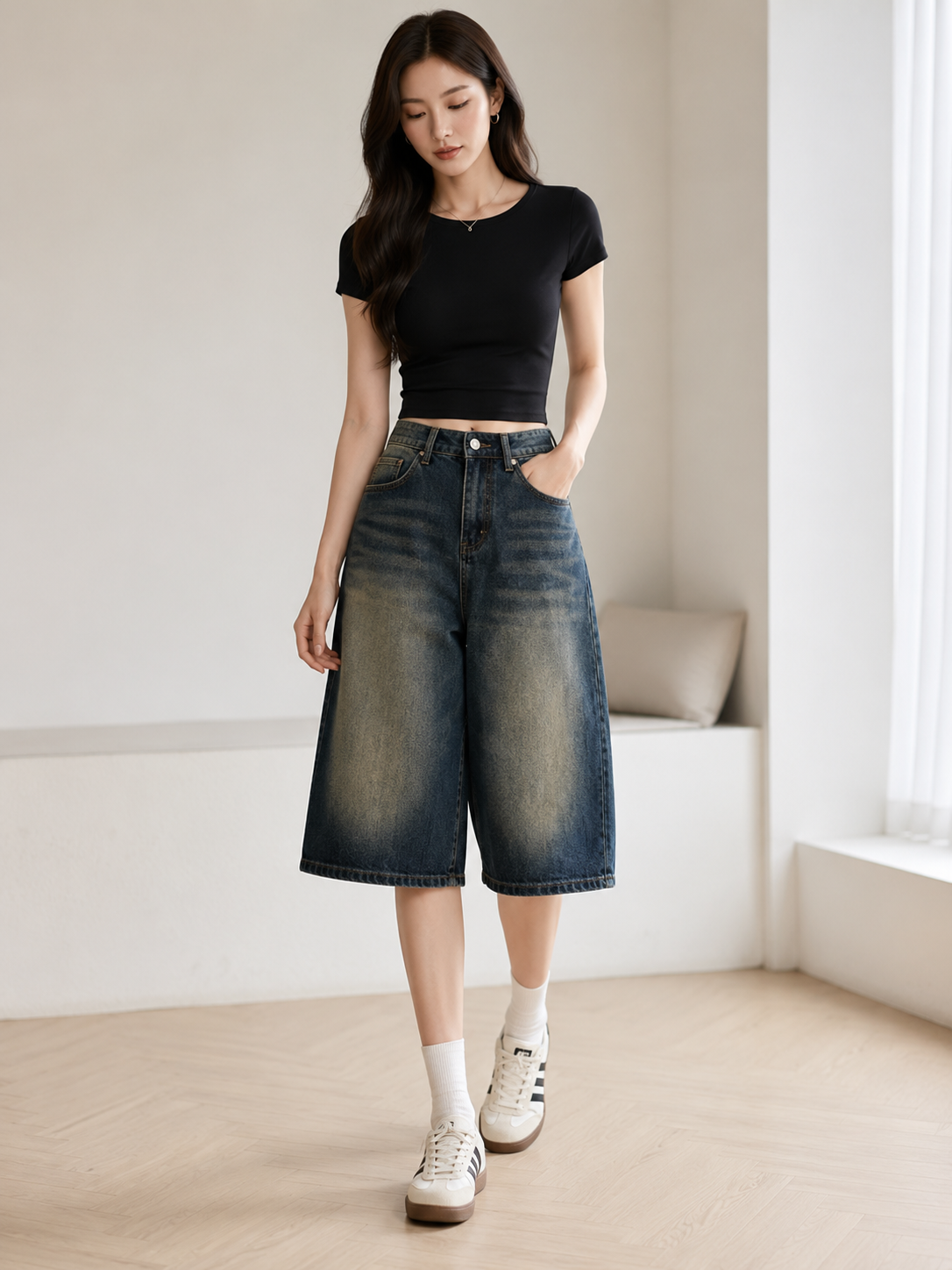 Avery High-Waist Wide-Leg Denim Capri Pants